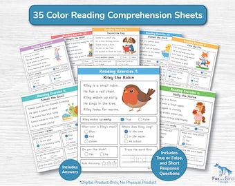 Reading Comprehension Kindergarten Worksheet Activity in Color / Sentence Reading Stories & Questions / 35 Page Elementary Grade 1 Exercise