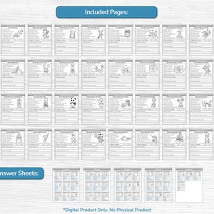 Puede incluir: Un conjunto de p&aacute;ginas imprimibles en blanco y negro con ilustraciones de animales y ejercicios de escritura. Las p&aacute;ginas est&aacute;n organizadas en filas y columnas, con el texto "Included Pages:" en la parte superior. La parte inferior de la imagen muestra "Answer Sheets:" y "Digital Product Only, No Physical Product."