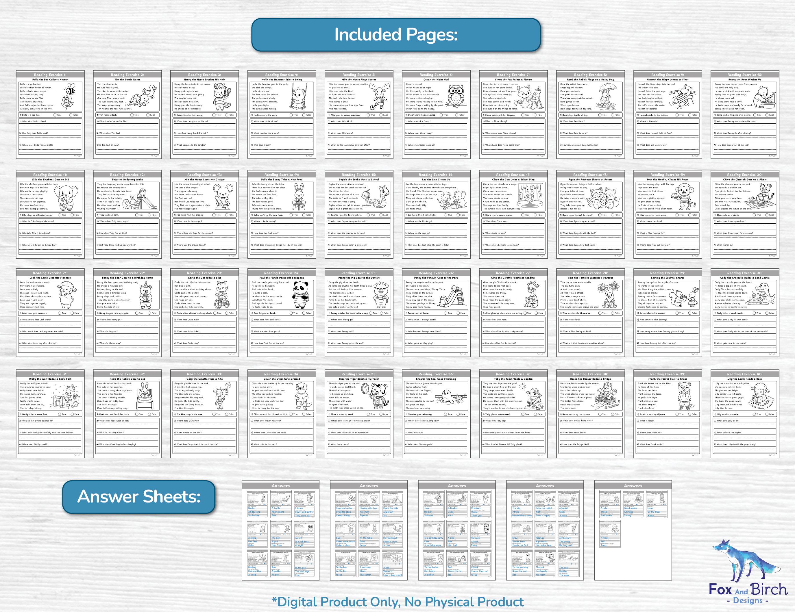 Reading Comprehension First Grade Worksheet Activity / 40 Sentence ...