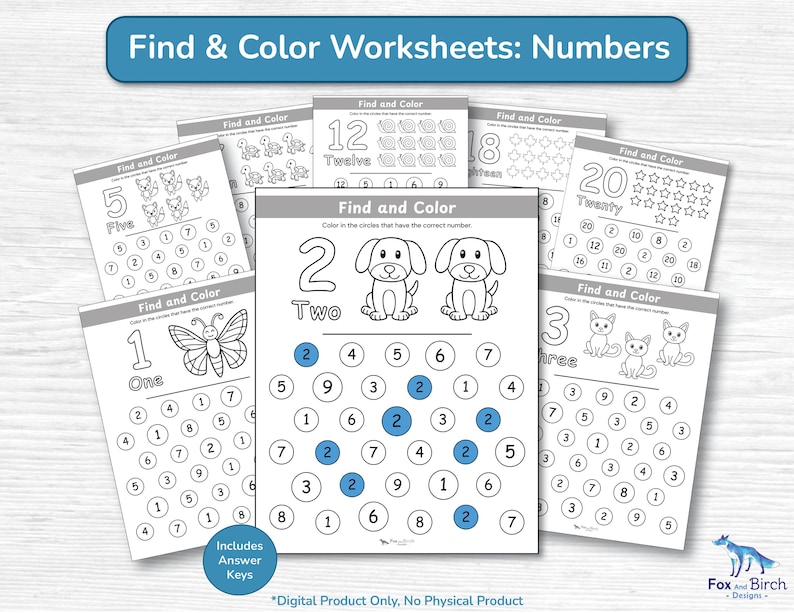 May include: A collection of Find & Color Worksheets: Numbers featuring black and white line art illustrations of animals and shapes. Each page includes a large number, its written name, and a grid of circles containing various digits to color.