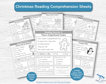 Christmas Reading Comprehension Kindergarten Worksheet Activity / Sentence Reading Stories & Questions / 30 Page Elementary Grade 1 Exercise