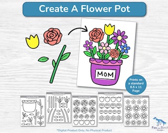 Create a Mother's Day Flower Pot Craft Activity / Easy Printable Coloring Cut & Paste Template / Build and Decorate / Kindergarten Grade 1-2