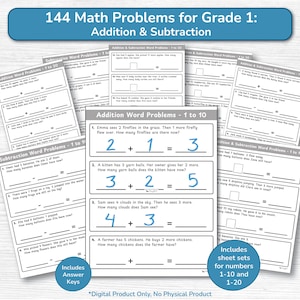 May include: A collection of printable worksheets for Grade 1 math, focusing on addition and subtraction word problems. The worksheets include problems with numbers 1-10 and 1-20, with answer keys. The title reads "144 Math Problems for Grade 1: Addition & Subtraction."