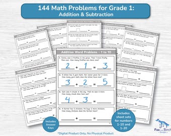 Grade 1 Math Word Problem Worksheets / Addition & Subtraction / Maths Drills Numbers 1 - 10 and 1-20 / First Grade Homeschool Printable PDF