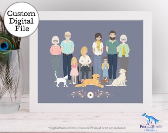 Custom Large Family Portrait / Landscape / Digital Personalized Printable Illustration / Custom Card or Gift / With Pets and Grandparents