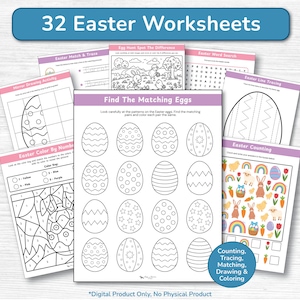 May include: A set of 32 Easter worksheets featuring various activities. These include matching, tracing, colouring, and counting exercises. The banner at the top states "32 Easter Worksheets". The worksheets are designed for children.