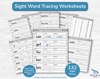 Sight Word Tracing and Writing Exercise Worksheets / Kindergarten, Grade 1, Grade 2 / Reading, Writing and Spelling Activity with Word Chart