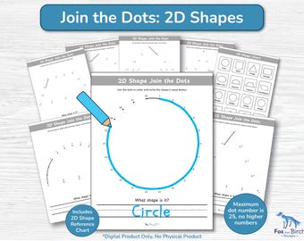 Join the Dots 2D Shape Worksheets for Kindergarten and First Grade / Shape Recognition Math Activity / Trace & Connect the Dots Printable