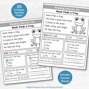 May include: Two printable reading pages with the title "Reading Exercise 22: Noah Finds a Frog." The pages feature a frog illustration and reading comprehension questions. The text includes the phrase "35 Printable Reading Pages" and "Includes Answer Sheets."