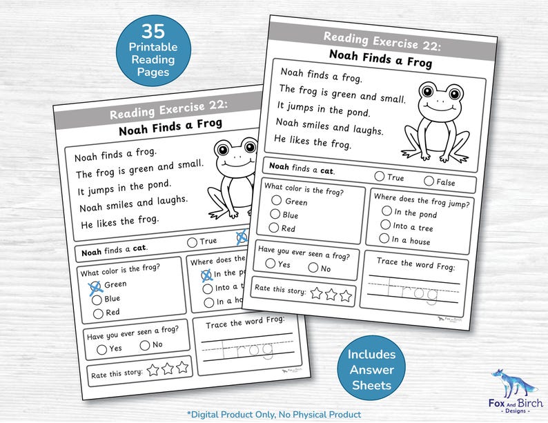 May include: Two printable reading pages with the title "Reading Exercise 22: Noah Finds a Frog." The pages feature a frog illustration and reading comprehension questions. The text includes the phrase "35 Printable Reading Pages" and "Includes Answer Sheets."