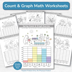 May include: A set of black and white math worksheets titled "Count & Graph Math Worksheets". The worksheets feature seasonal illustrations and counting exercises. Answer keys are included. The product is digital only.