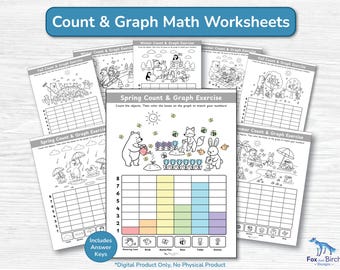 Count & Graph Early Math Worksheets | Seasonal Spring Summer Fall Winter | Printable Coloring Activity | Kindergarten - Grade 1
