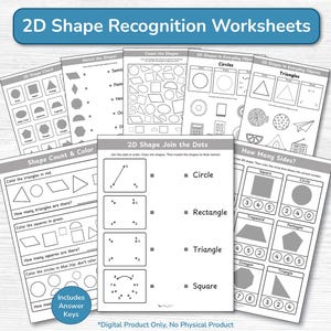 Könnte beinhalten: Eine Sammlung von schwarz-weißen Arbeitsblättern zur 2D-Formenerkennung. Die Arbeitsblätter umfassen Formtabellen, Zuordnungsaktivitäten und Zählübungen. Der Titel "2D Shape Recognition Worksheets" ist oben zu sehen. Die Arbeitsblätter sind für Bildungszwecke konzipiert.