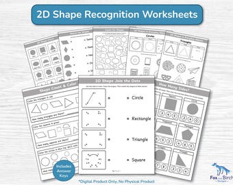 2D Shape Recognition Worksheets for Kindergarten & First Grade | Printable Math Activities | Count, Match, Trace, Draw, Join the Dots PDF
