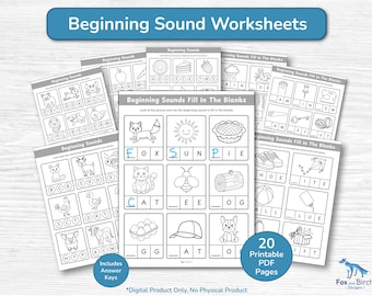 Hojas de trabajo de sonidos iniciales para preescolar y jardín de infantes / Práctica fonética de los sonidos iniciales de las letras / Colorea y completa los espacios en blanco / Inglés