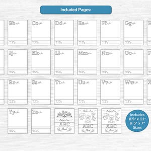May include: A set of printable alphabet coloring pages featuring letters A through Z, each with a blank space for drawing and a line for writing. Includes three cover pages with the text Baby's First ABC Book and 8.5 inch by 11 inch sizes.