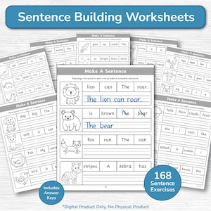 May include: A collection of black and white sentence-building worksheets for educational use. The worksheets feature animal illustrations and sentence prompts. The title "Sentence Building Worksheets" is displayed at the top. Includes 168 sentence exercises and answer keys.