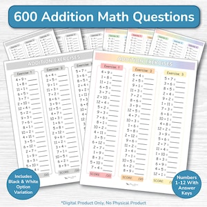 Hojas de trabajo con actividades matemáticas de suma / Ejercicios de matemáticas para educación en casa con números del 1 al 12 / Tabla para completar espacios en blanco / PDF imprimible de 1.º y 2.º grado