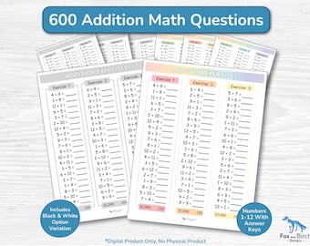 Addition Math Activity Worksheets / Homeschool Maths Drills with Numbers 1 - 12 / Fill in the Blanks Chart / 1st- 2nd Grade Printable PDF