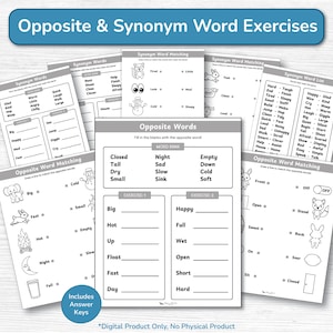 May include: A collection of printable educational worksheets for word exercises. The worksheets include synonym and opposite word matching activities, with exercises like "Big" and "Small". The title "Opposite & Synonym Word Exercises" is displayed at the top.