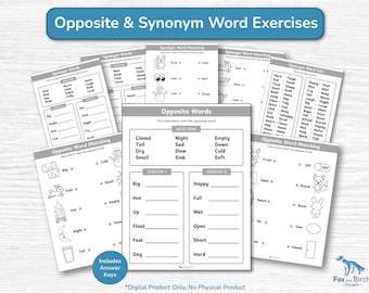 Opposites and Synonym Kids English Worksheets / Matching, Fill in the Blanks & Word Chart / Kindergarten Elementary Grade 1 - 2 Exercises