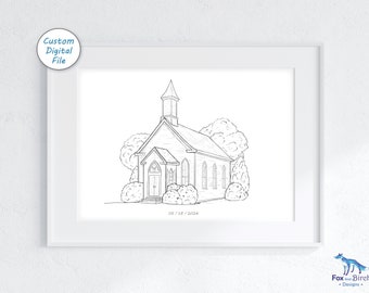 Hand Drawn Wedding Venue Sketch / Custom Portrait Drawing / Wedding Invitation, Gift or Present / Digital Printable Illustration