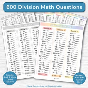 Hojas de ejercicios de división / Ejercicios de matemáticas para la educación en casa: números del 1 al 12 / Completa los espacios en blanco / PDF imprimible para 1.º a 3.º grado