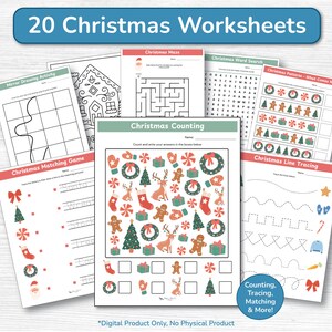 Christmas Activity Worksheets Bundle / Tracing, Counting, Matching, Games, Symmetry, Coloring / Elementary Grade 1 - 2 Printable Workbook