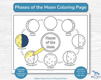 Phases of the Moon Coloring Page Printable / Lunar Cycle Educational PDF / Space Activity For Kids / Preschool, Kindergarten, Grade 1