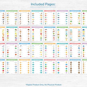 May include: A collection of thirty-two educational matching game worksheets featuring colorful illustrations of animals, food, shapes, numbers, and letters. Each page includes two columns of icons with lines for drawing connections between matching items.