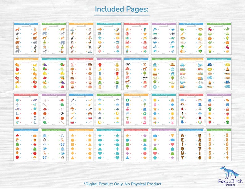 May include: A collection of thirty-two educational matching game worksheets featuring colorful illustrations of animals, food, shapes, numbers, and letters. Each page includes two columns of icons with lines for drawing connections between matching items.