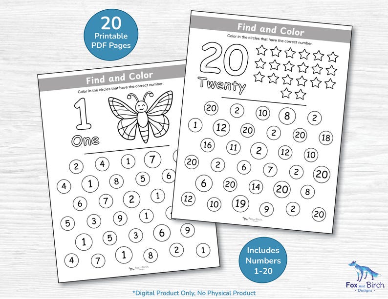 May include: Two printable educational worksheets featuring Find and Color activities for numbers 1 and 20. Each page includes a large number, a corresponding word, and a grid of circles containing various numbers to identify and color.