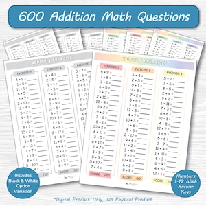 Addition Math Activity Worksheets / Homeschool Maths Drills with Numbers 1 - 12 / Fill in the Blanks Chart / 1st- 2nd Grade Printable PDF