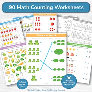 May include: A set of 90 printable math counting worksheets for children. The worksheets feature colourful illustrations of fruits, vegetables, and animals. The text "90 Math Counting Worksheets" is at the top. Includes answer keys.