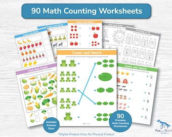 90 Preschool Math Counting Worksheet Bundle / Beginning Math Learning / Count, Match, Find, Color / Kindergarten PreK Homeschool Printable