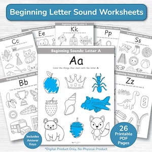 May include: A collection of printable worksheets for learning the beginning letter sounds. The worksheets feature illustrations of objects and words starting with each letter of the alphabet. The text on the worksheets reads "Beginning Letter Sound Worksheets". Includes 26 printable PDF pages.