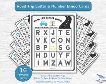 16 Car Trip Letter & Number Printable Bingo Cards for Kids / Road Trip Activity / Alphabet ABC / Easy Print Travel Board Game PDF Sheets