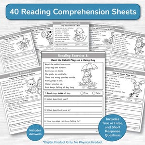 May include: A collection of 40 reading comprehension sheets. Each sheet features a short story with true/false and short response questions. The sheets have black and white illustrations of animals and text that reads "Reading Exercise". Includes answers.
