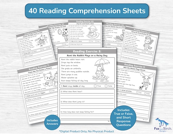 Reading Comprehension First Grade Worksheet Activity / 40 Sentence Reading Stories & Short Response Questions / Elementary Grade 1 Exercise