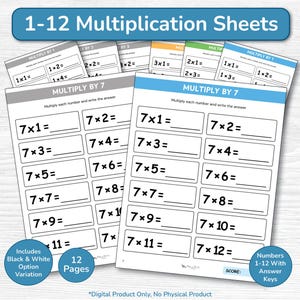 May include: A set of 1-12 multiplication sheets featuring math problems with blank lines for answers. The pages have blue headers labeled Multiply By 7 and include instructions to multiply each number. The set includes 12 pages with answer keys.