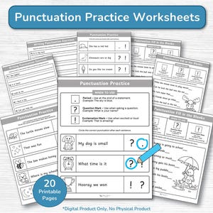 Pode incluir: Um conjunto de 20 folhas de exercícios de prática de pontuação para impressão. As folhas de exercícios apresentam exercícios sobre pontos, pontos de interrogação e pontos de exclamação. Inclui atividades de preenchimento.