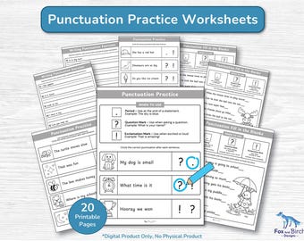 Punctuation Practice English Worksheets for Kids / Circling, Story Reading Fill in the Blanks, Sentence Writing / Kindergarten to Grade 1