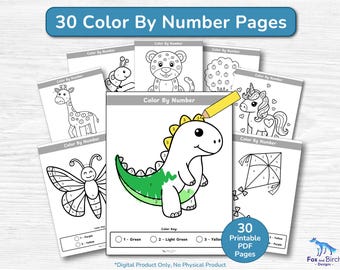 30 Easy Color by Number Kids Worksheets / Preschool, Kindergarten and First Grade / Printable Coloring Pages / Fun Activities