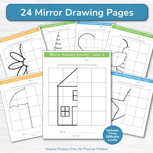 24 werkbladen met spiegel- of symmetrietekenactiviteiten / Fijne motoriek / Kleuterschool Homeschool Afdrukbare pdf voor peuters / Eenvoudig, gemiddeld en geavanceerd
