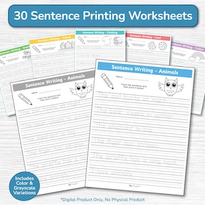 Sentence Writing and Tracing Coloring Worksheets for Kids / Word Printing Practice Activity / Printable 30 Page Elementary Grades 1, 2, 3