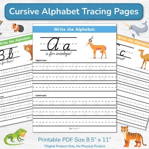 Cursive Writing or Handwriting Alphabet Practice Tracing Worksheets with Zoo Animals / Elementary Printable PDF / Calligraphy Learn to Write