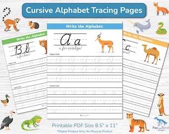 Cursive Writing or Handwriting Alphabet Practice Tracing Worksheets with Zoo Animals / Elementary Printable PDF / Calligraphy Learn to Write
