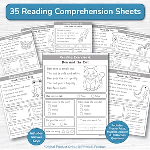 May include: A set of 35 reading comprehension worksheets with exercises. Each sheet includes a short story, questions, and illustrations of animals and objects. The title "35 Reading Comprehension Sheets" is displayed at the top.