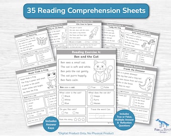 Reading Comprehension Kindergarten Worksheet Activity / Sentence Reading Stories and Questions / 35 Page Elementary Grade 1 Exercise