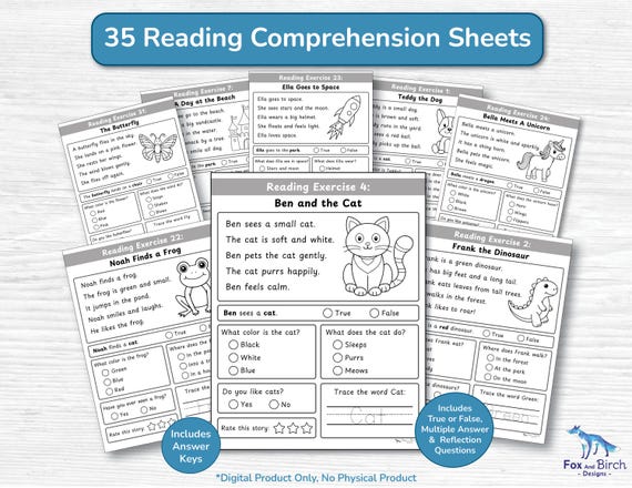 Reading Comprehension Kindergarten Worksheet Activity / Sentence Reading Stories and Questions / 35 Page Elementary Grade 1 Exercise